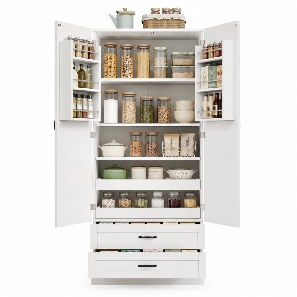 Credenza da cucina alta con 3 ripiani estraibili, 2 cassetti e ripiano regolabile, bianca in MDF, 80 × 37,5 × 180 cm