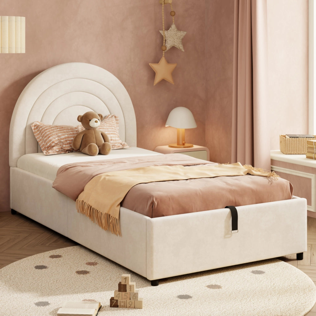 Letto 90cm*200cm con contenitore idraulico e testiera imbottita in velluto beige