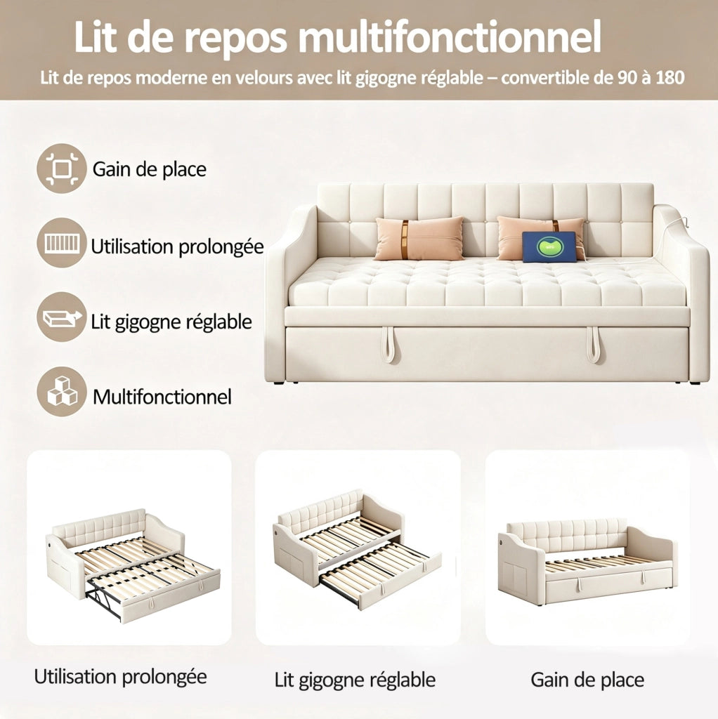 Divano letto 2 in 1 in velluto beige 90x190 cm con porta USB e spazio contenitivo