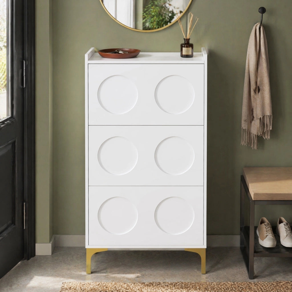 Scarpiera verticale salvaspazio a tre livelli in MDF bianco con gambe in metallo dorato, per ingresso 63 × 24 × 120 cm