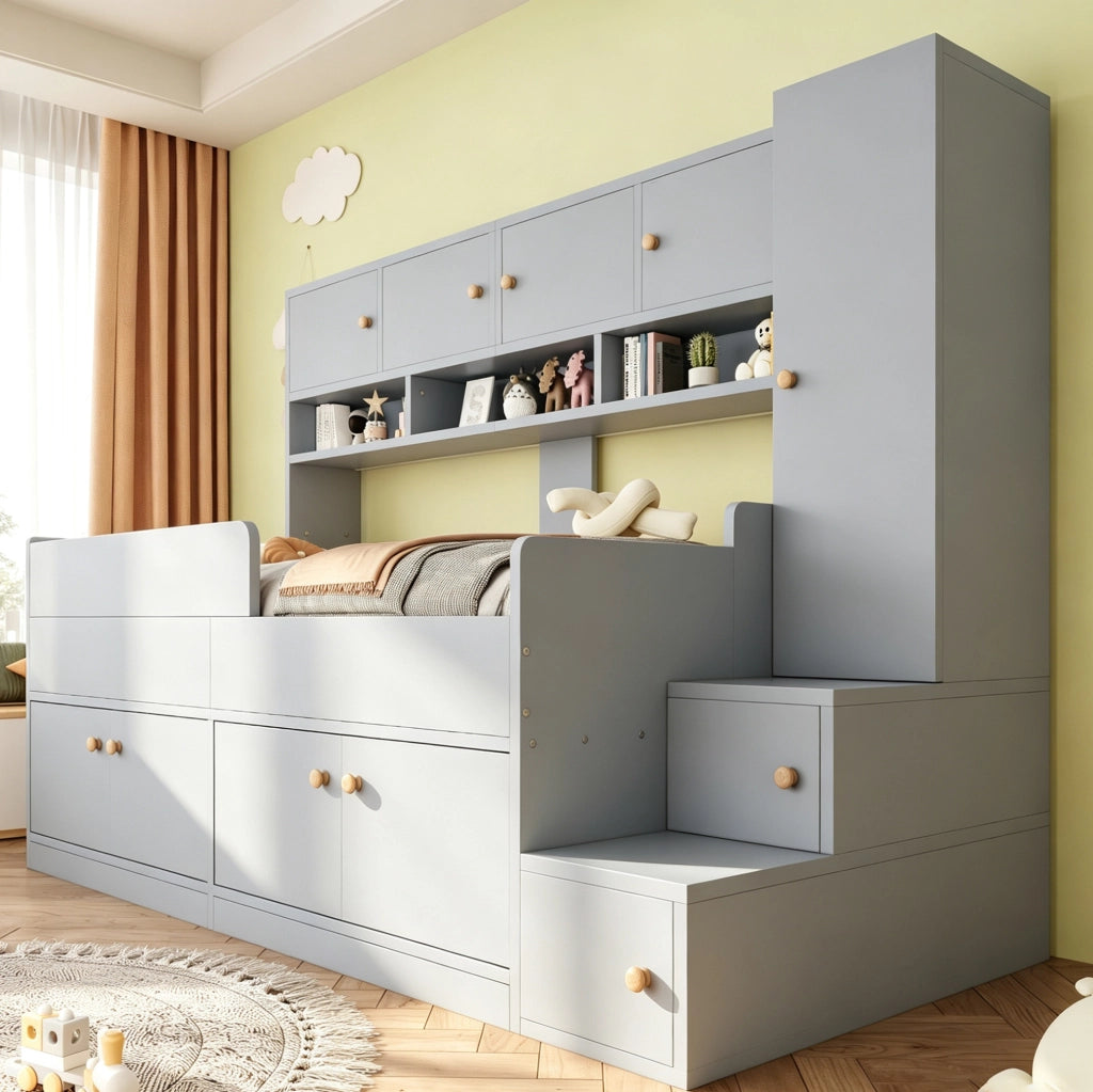 Letto a soppalco per bambini 90x200 cm con armadio; vani contenitore; LED e barriera; grigio