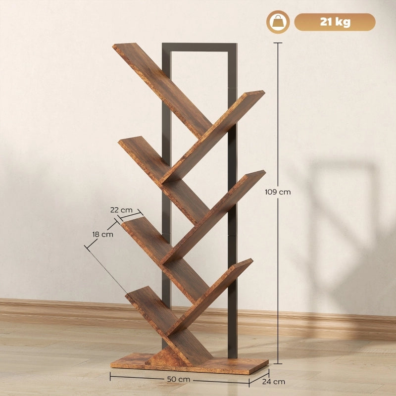 Libreria ad albero stretta con 7 ripiani in legno e struttura in acciaio marrone rustico 50 × 24 × 109 cm
