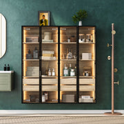 Set di 2 Armadietti da Bagno con LED, 73 cm, 2 Cassetti e 2 Porte in Vetro Satinato Marrone Chiaro