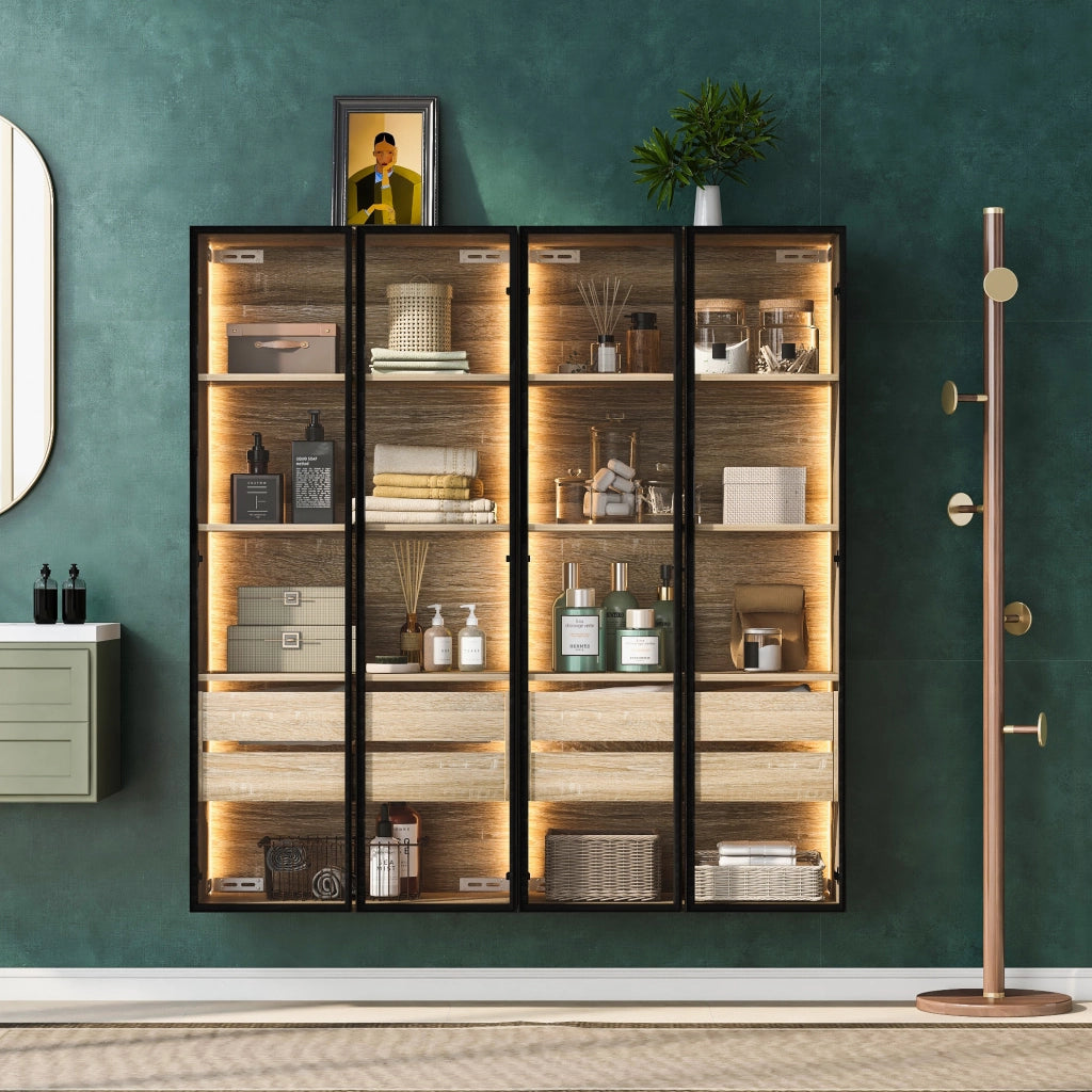 Set di 2 Armadietti da Bagno con LED, 73 cm, 2 Cassetti e 2 Porte in Vetro Satinato Marrone Chiaro