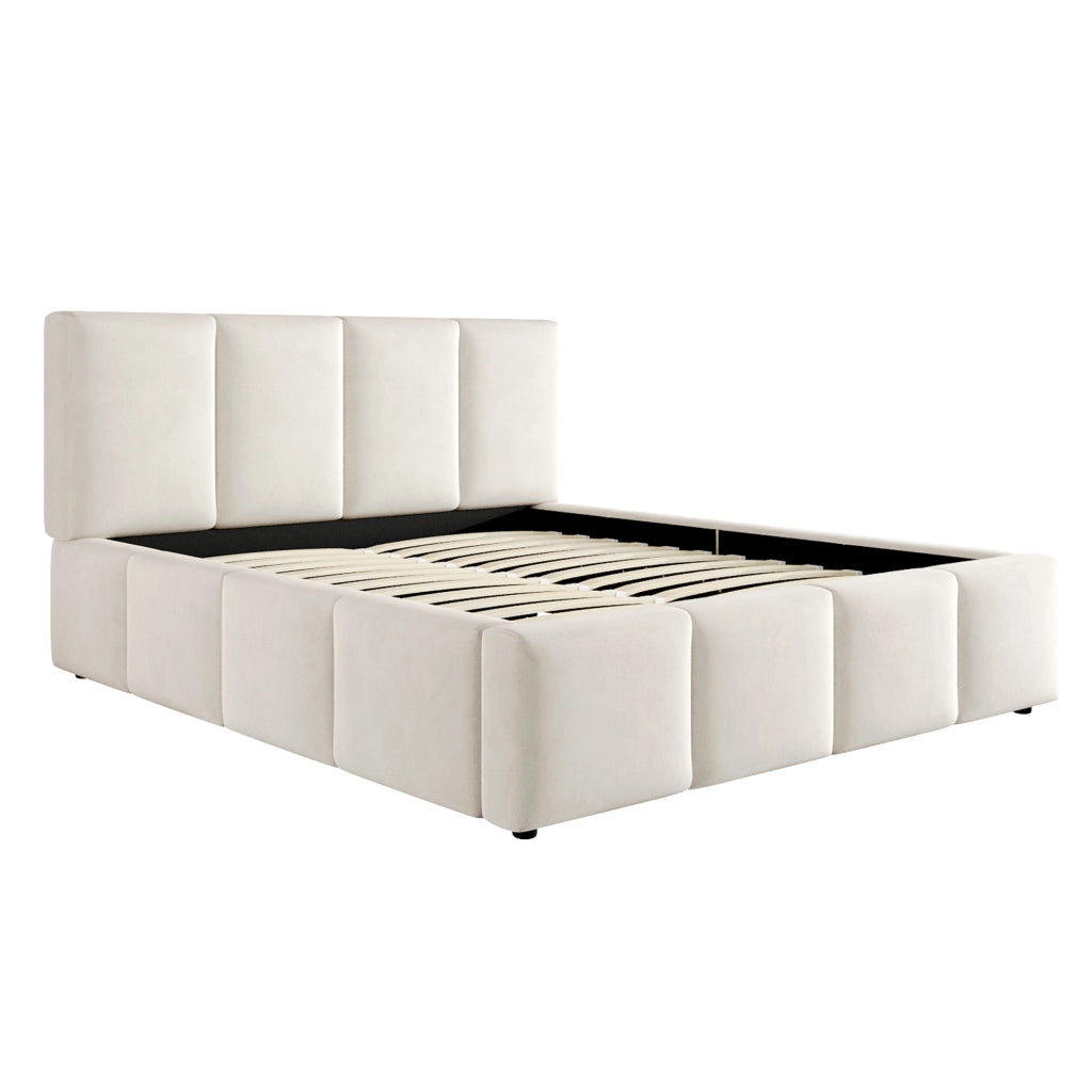 Letto imbottito 180 x 200 cm con testiera 11 cm e rete a doghe, letto matrimoniale in ciniglia beige, design a linee verticali