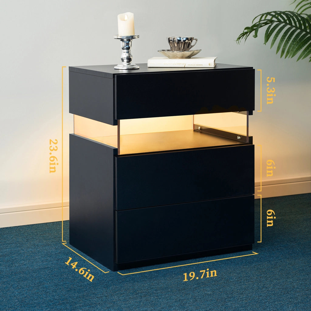 Comodino LED a 3 cassetti con pannello acrilico, colore nero