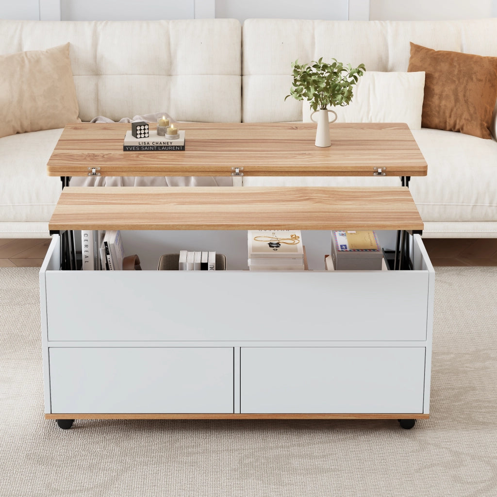 Tavolino trasformabile idraulico 100x98x65 cm con contenitore e ruote; bianco naturale