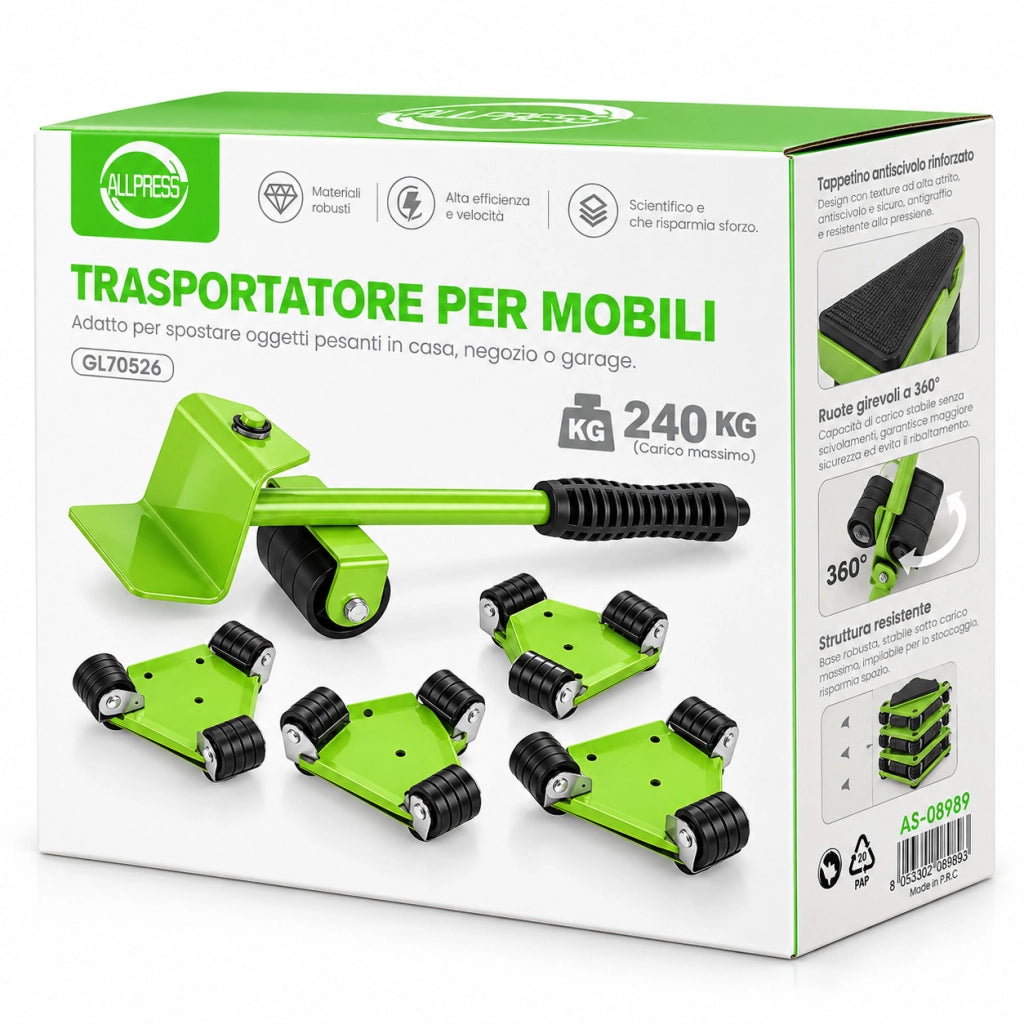 TRASPORTATORE MOBILI 240KG 4 CARRELLI LEVA RUOTE SOLLEVA LAVATRICE FRIGO 08989