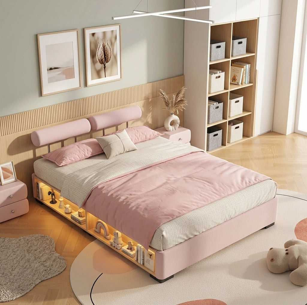 Letto imbottito rosa 140x200 cm per bambini con LED e ripiano laterale