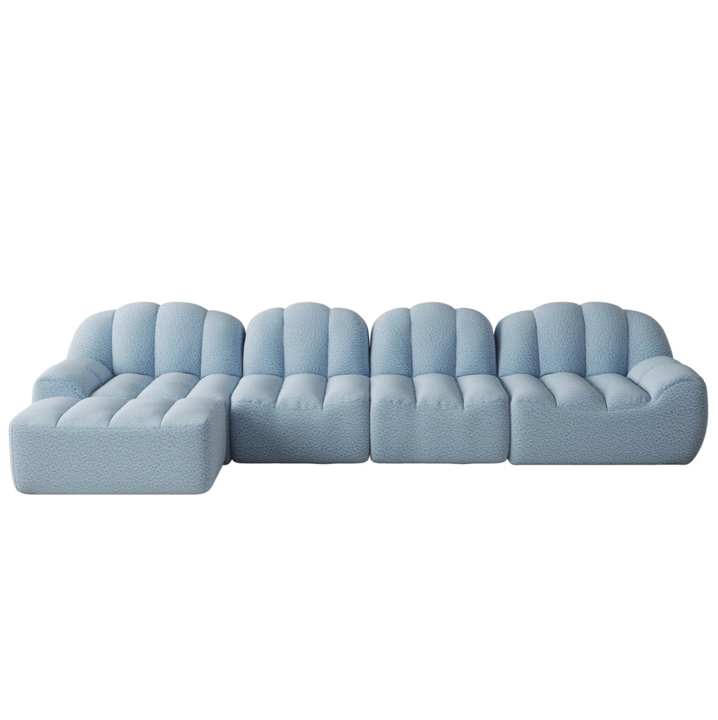 Divano modulare 366x165x79 cm in tessuto blu con pouf, 4 posti