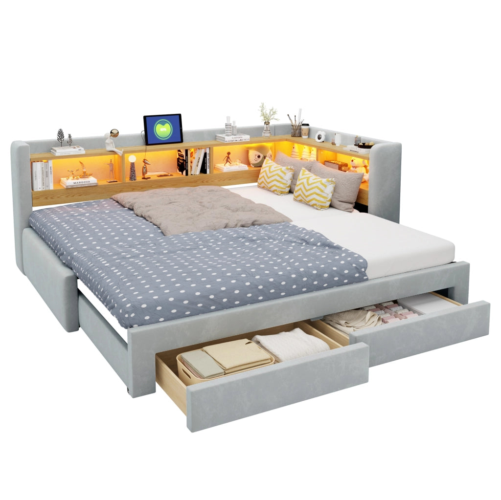 Divano letto 3 in 1 estraibile 90x200 cm; matrimoniale 180x200 cm; LED e cassetti; grigio
