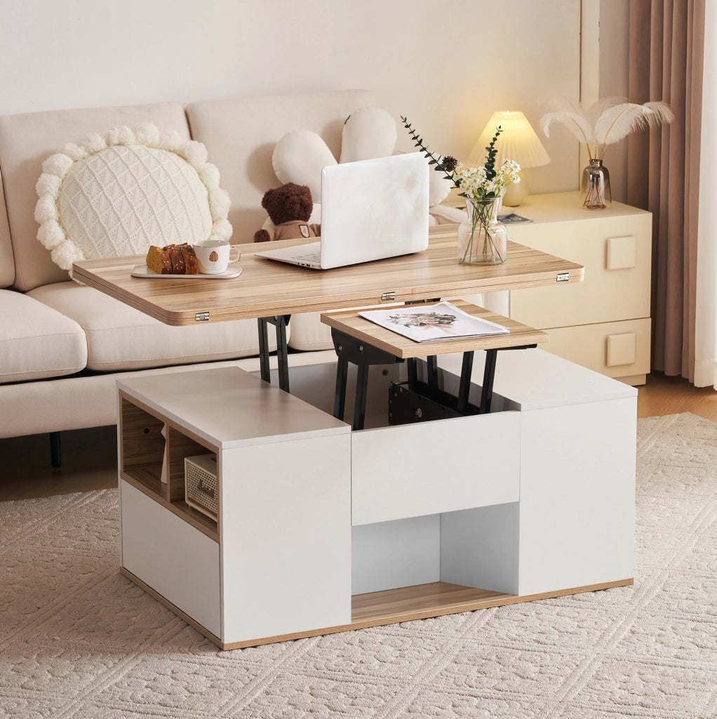 Tavolino da salotto regolabile in altezza 100x51 cm con 2 cassetti bianco e marrone HOMVRA