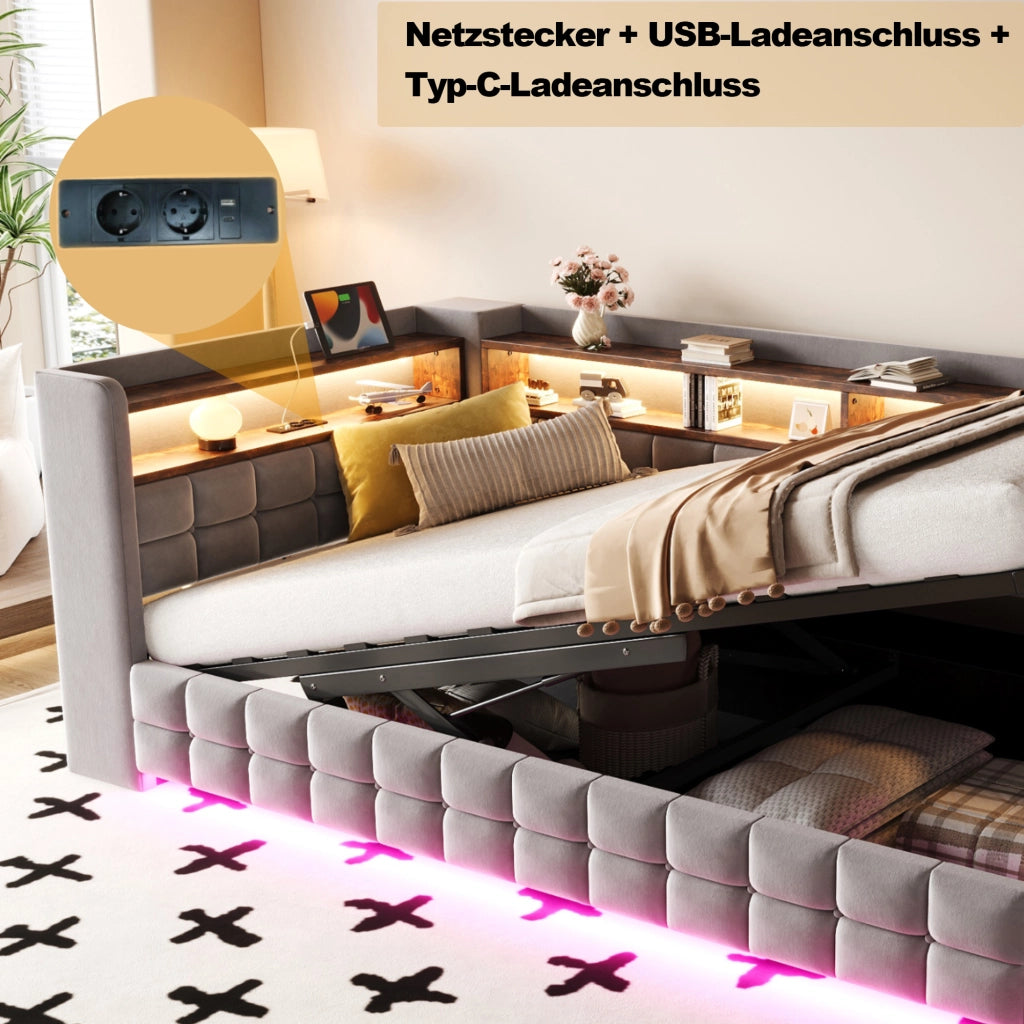 Divano letto 90 × 200 cm con vano contenitore idraulico; ripiani; LED; prese USB e Type-C in velluto grigio chiaro