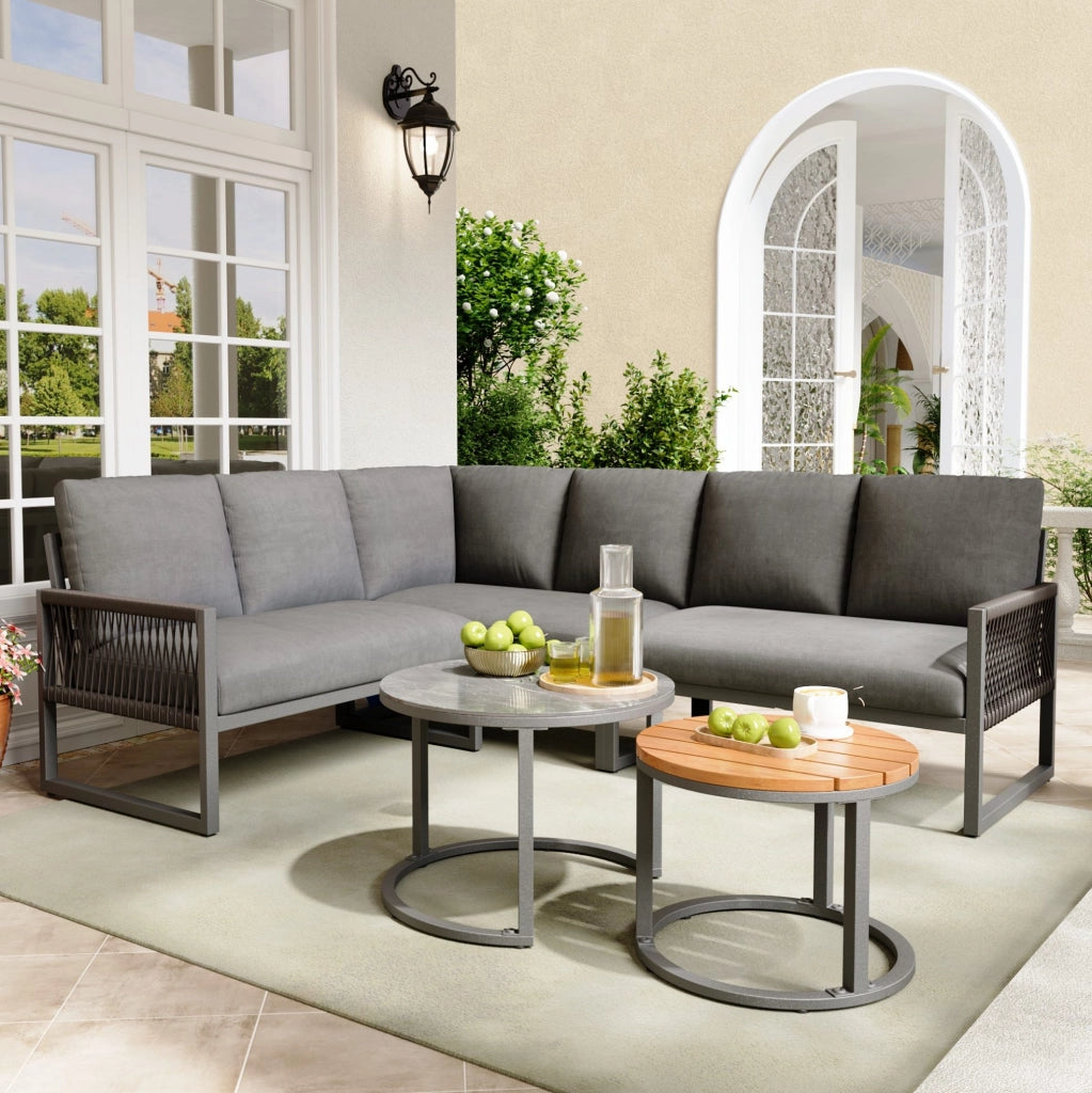 Set lounge da giardino con 3 divani e 2 tavolini; struttura in metallo e poliestere grigio