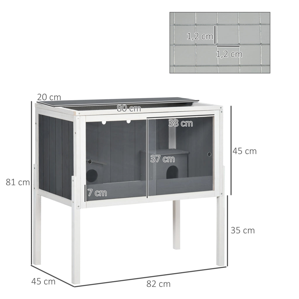 Gabbia per criceti in legno con 2 casette; porte in acrilico e ripiano; grigio scuro; 82 × 45 × 81 cm