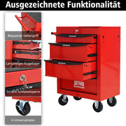 Carrello portautensili in acciaio con 4 cassetti e ruote, 60x33x77,5 cm, rosso e nero