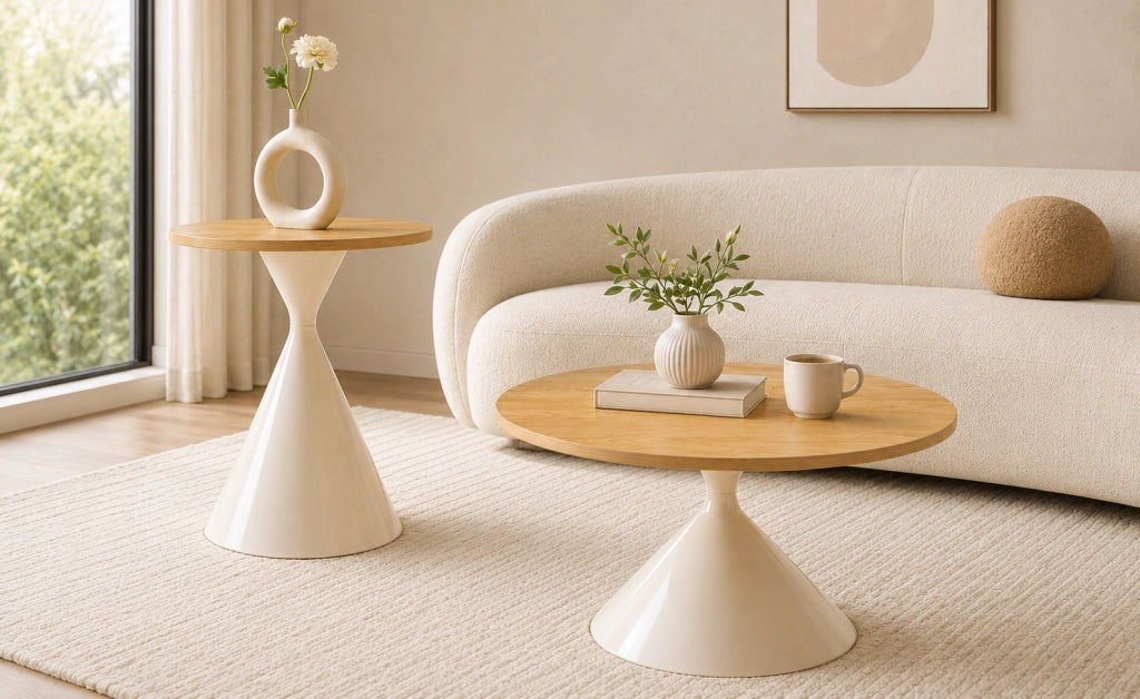 Set di 2 Tavolini rotondi da salotto, Ø70 x H40 cm e Ø50 x H50 cm, piano in effetto legno crema con struttura in acciaio crema