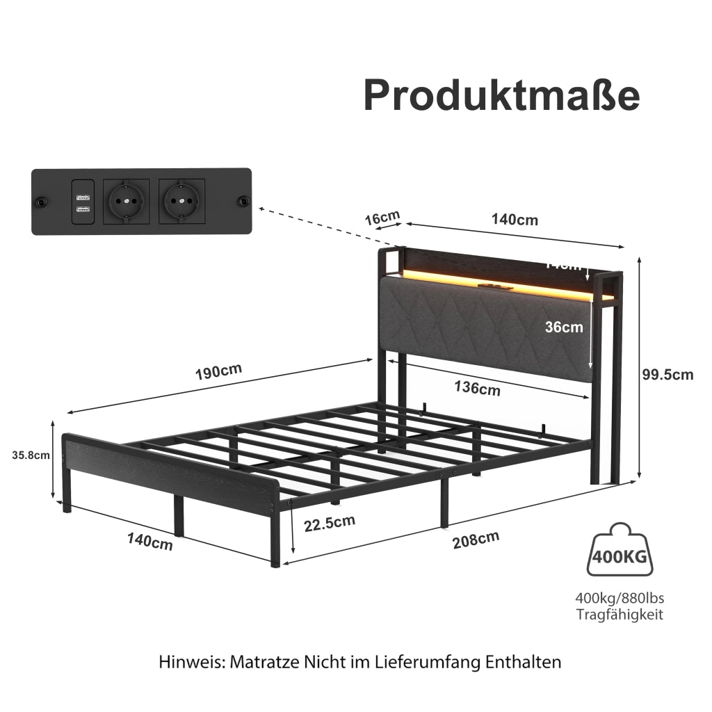 LETTO Imbottito 140x190 cm Nero Grigio con testiera LED e USB