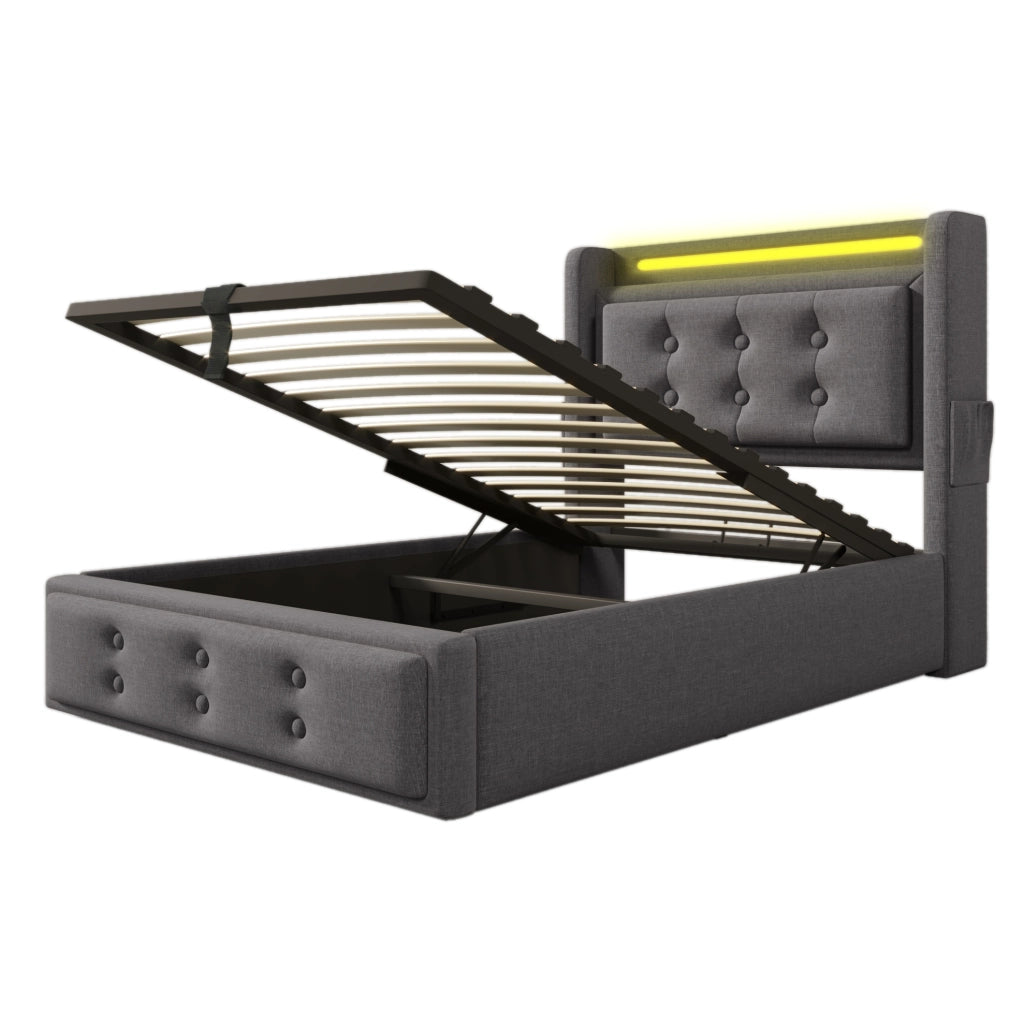 Letto singolo imbottito 90x200 con LED, prese e contenitore sollevabile