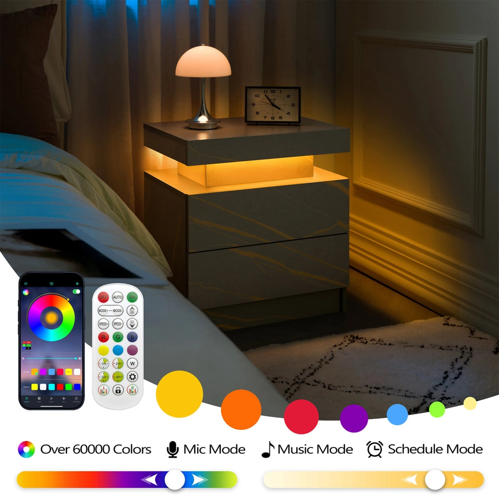 Comodini con LED set di 2 con 2 cassetti e vano aperto in pannello di particelle grigio e oro