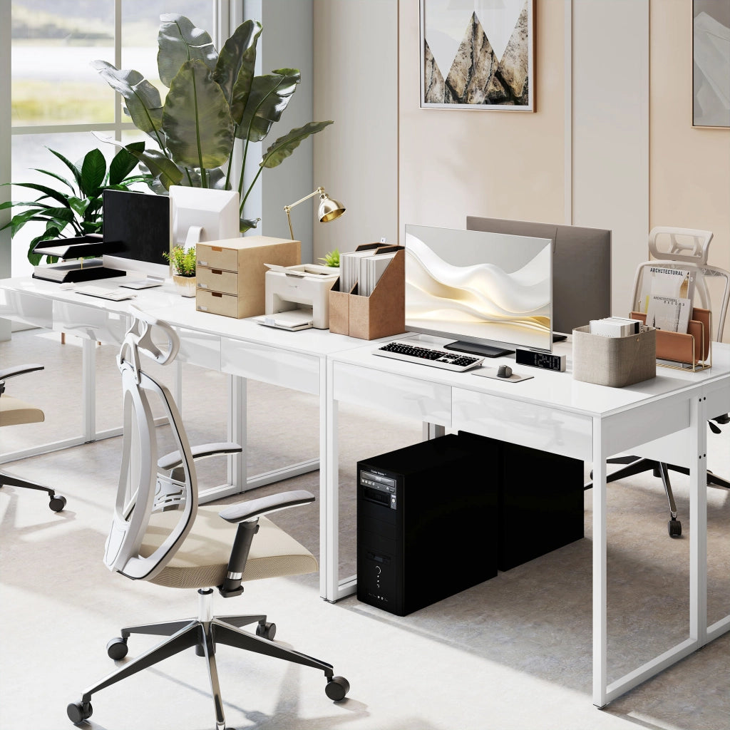 Scrivania Moderna con 2 Cassetti e Gambe in Acciaio. 100x50x75 cm. Bianco Lucido