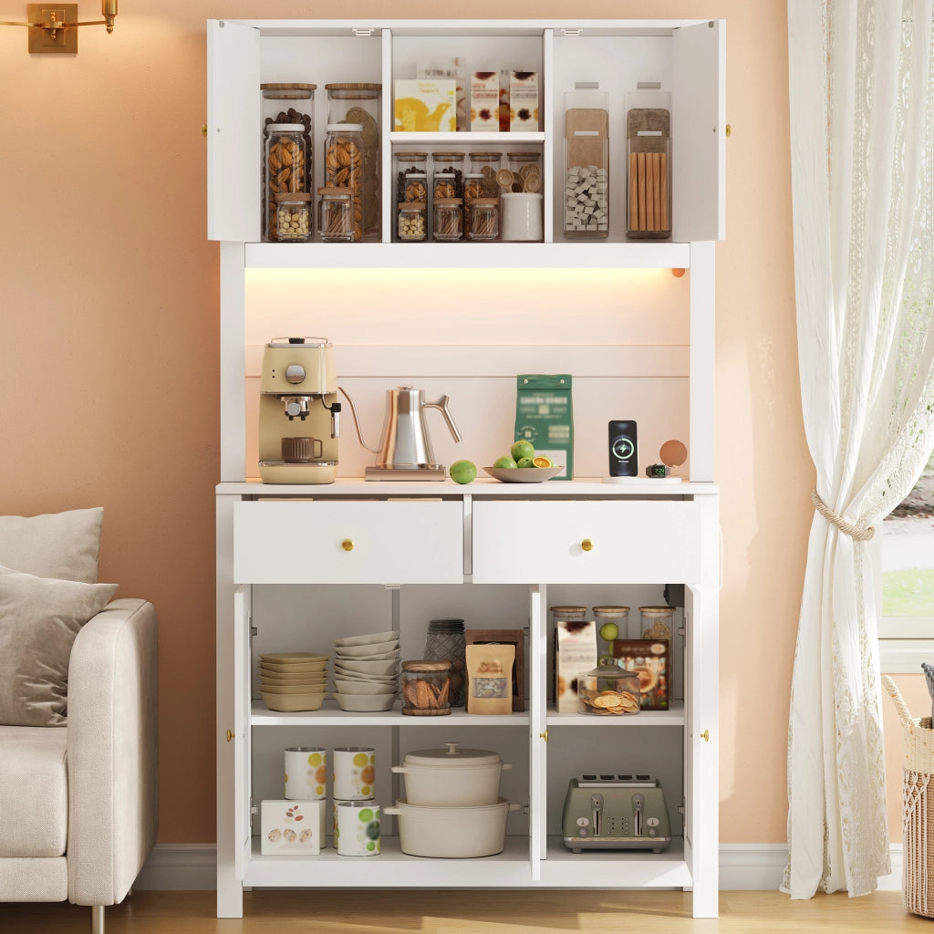 Armadio da cucina alto con LED RGB; prese integrate; ante in rattan; 2 cassetti; MDF bianco 100 × 40 × 180 cm