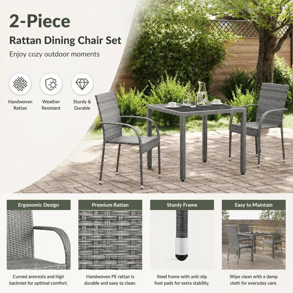 Stackable Garden Chairs, Set Of 2, Grey Poly Rattan