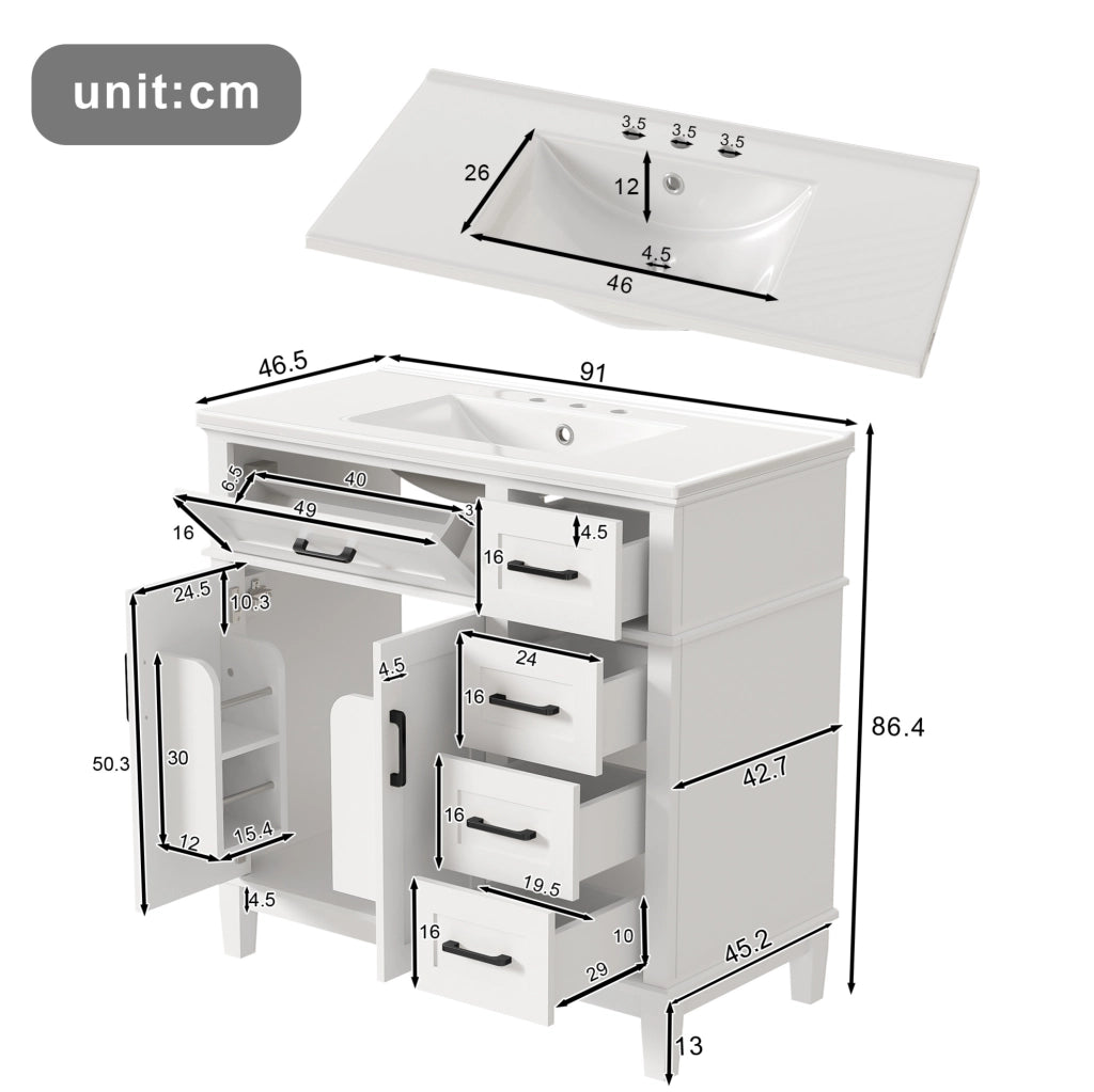 Mobile bagno bianco laccato 90x46x87 cm con lavabo in ceramica integrato e doppia anta