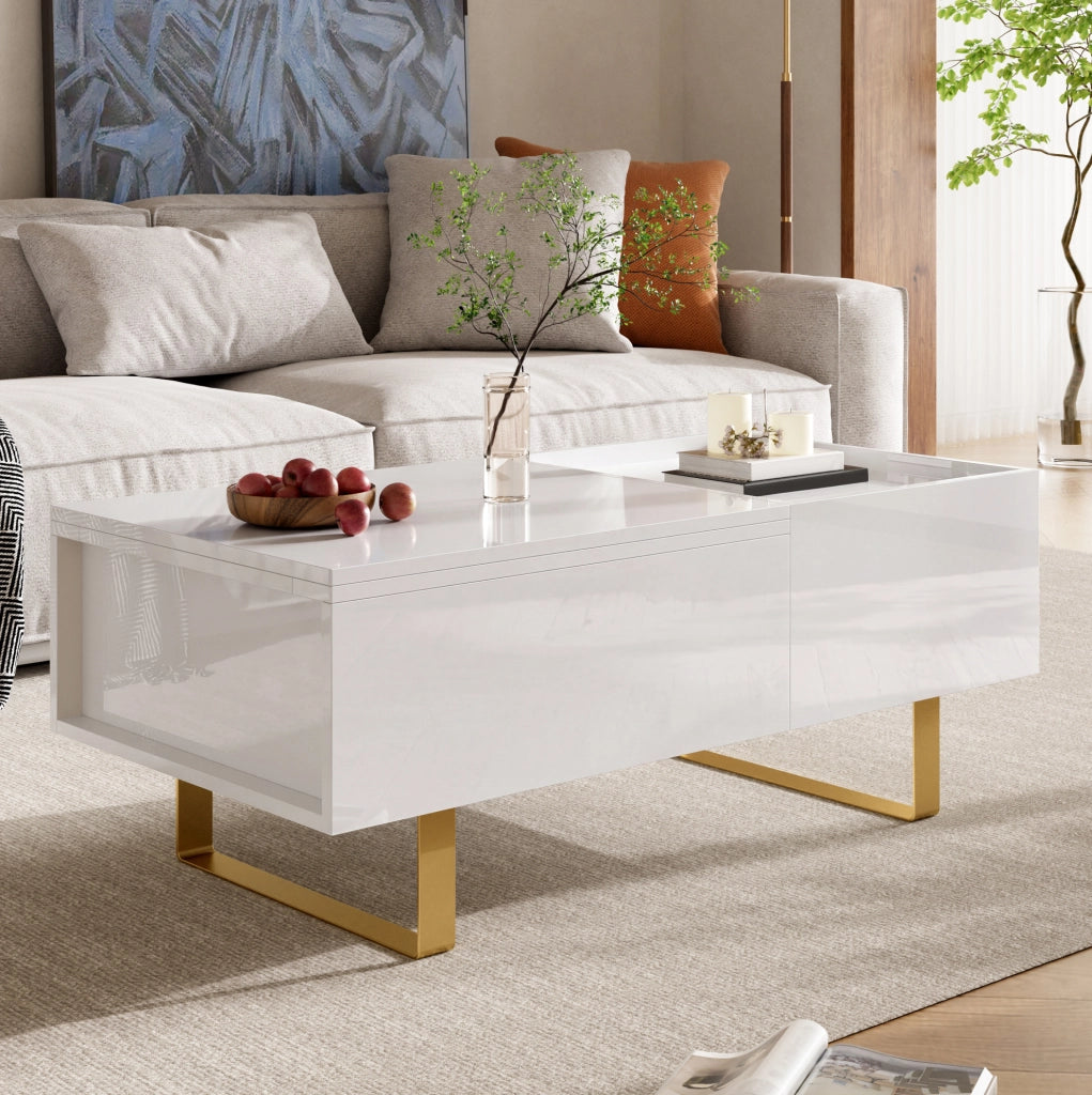 Tavolino da caff¨¨ 100x50 cm con piano sollevabile e cassetto in MDF bianco