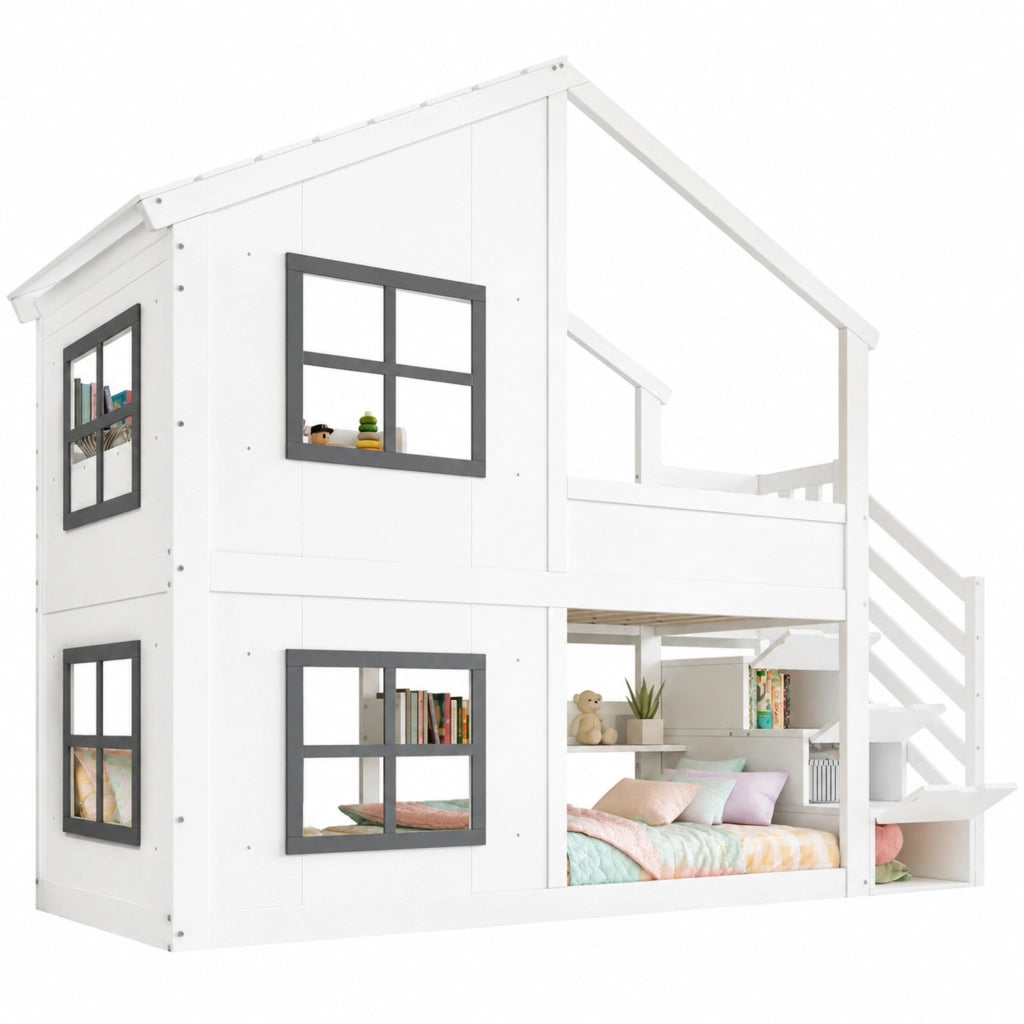 Letto a castello per bambini 90 × 200 cm con scale contenitore in legno MDF bianco e grigio con tetto e finestre
