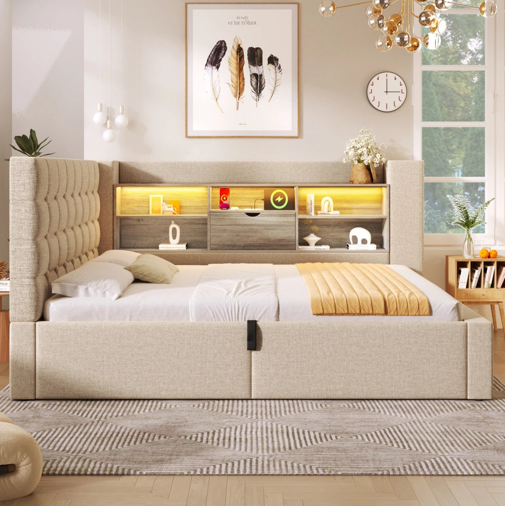 Letto Singolo 90x190 cm con LED, Spazio di Stoccaggio Idraulico e Testiera L-Forma Rivestita in Lino Beige, Montaggio Laterale Flessibile, Senza Materasso