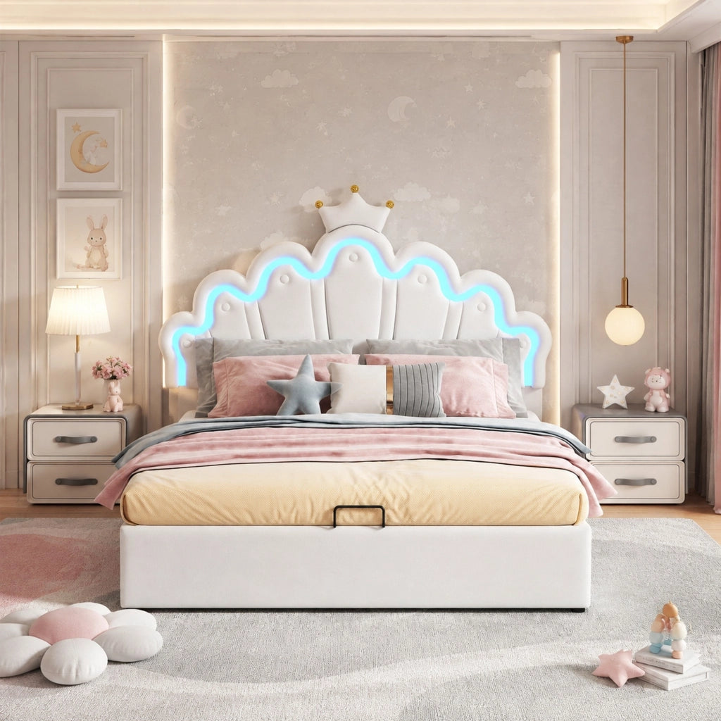 Letto imbottito 140x200 cm con contenitore e LED, testiera a nuvola con corona, PU bianco