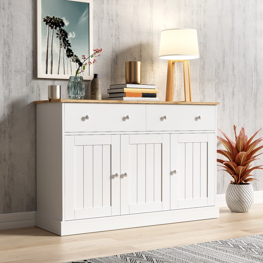 Credenza bianca e legno con texture incisa, 120x36x80,5 cm, 3 ante e 2 cassetti