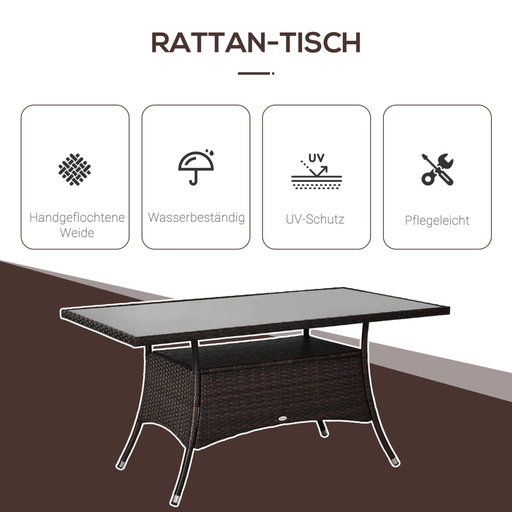 Tavolo da giardino da pranzo in polyrattan e vetro temperato marrone e nero robusto per esterno 150x85x74cm
