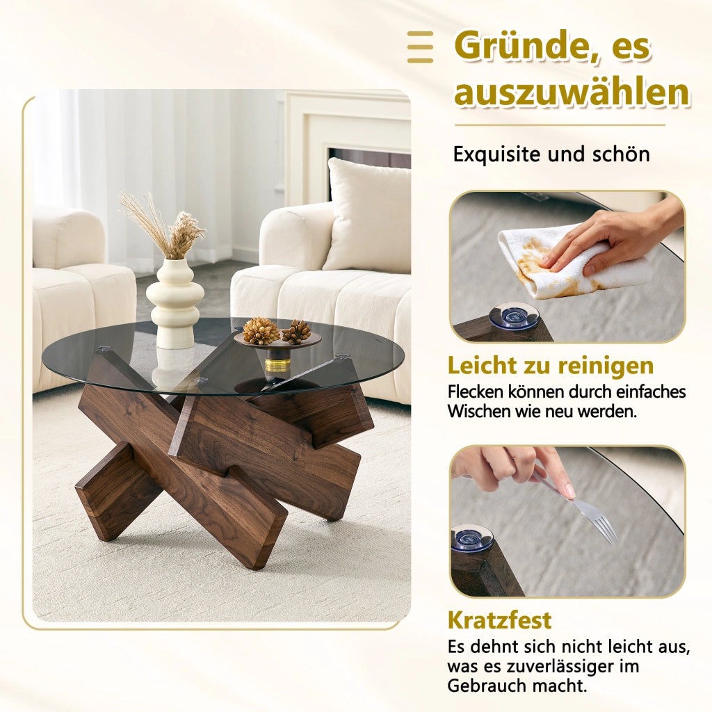 Tavolino basso fisso rotondo con piano in vetro temperato e base geometrica in MDF color noce