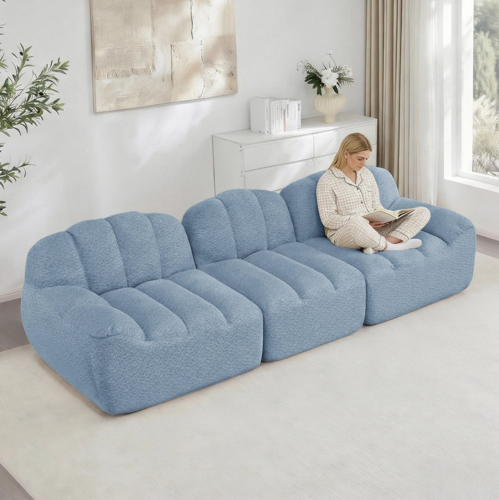 Divano modulare angolare 3 posti con pouf, schiuma ad alta densità 32D, tessuto blu morbido per soggiorno