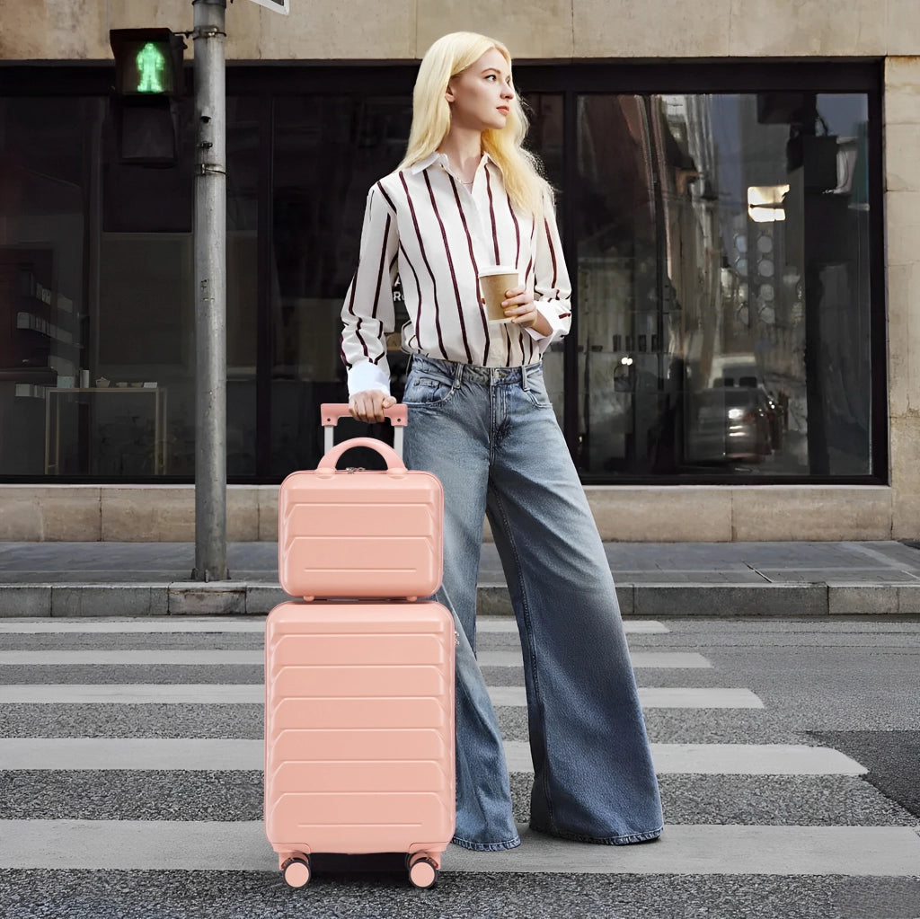 Set 2 pezzi valigia 35,5x20,5x55 cm rosa in ABS, trolley con beauty case
