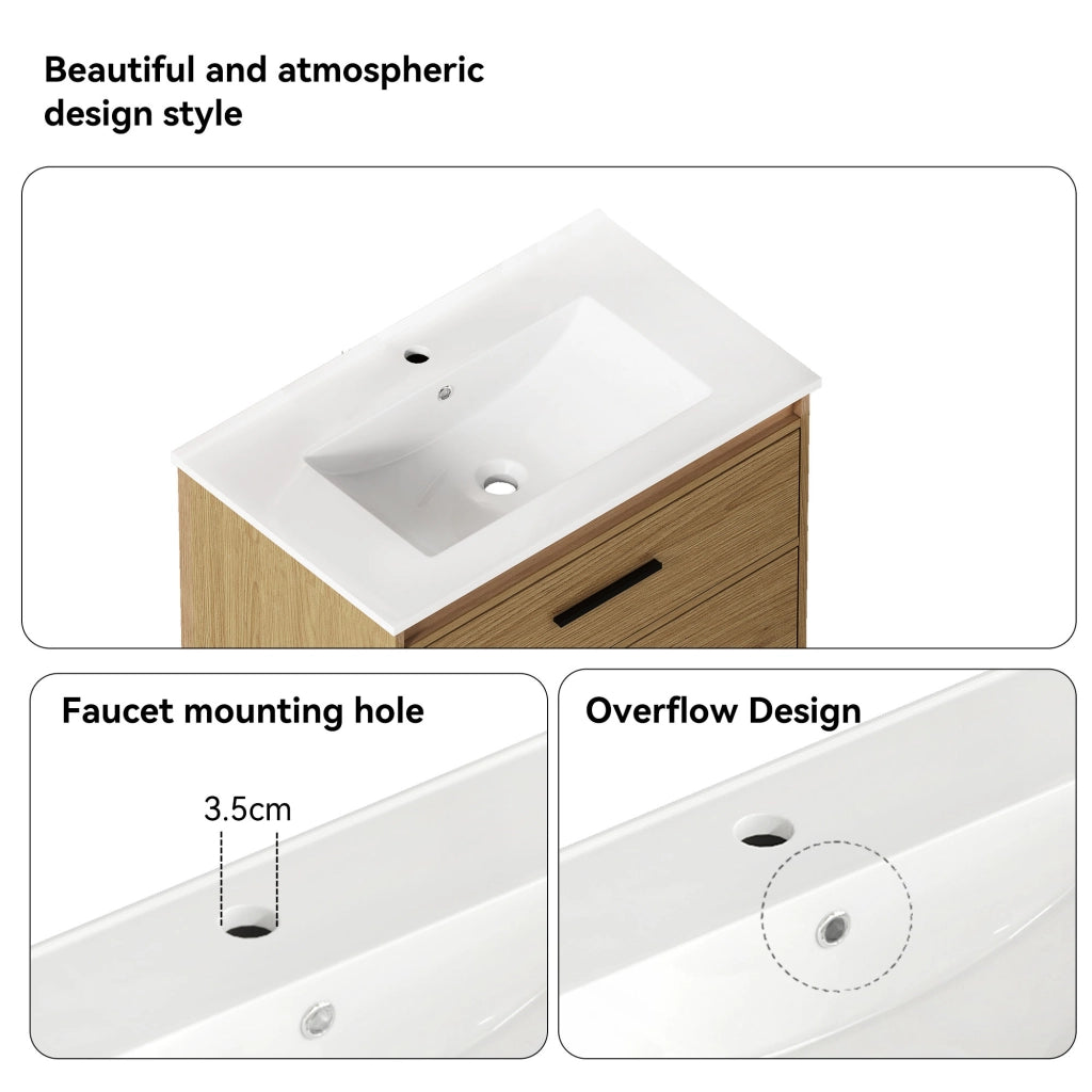 Armadietto da bagno con 2 cassetti in MDF e ceramica rovere chiaro larghezza 75 cm