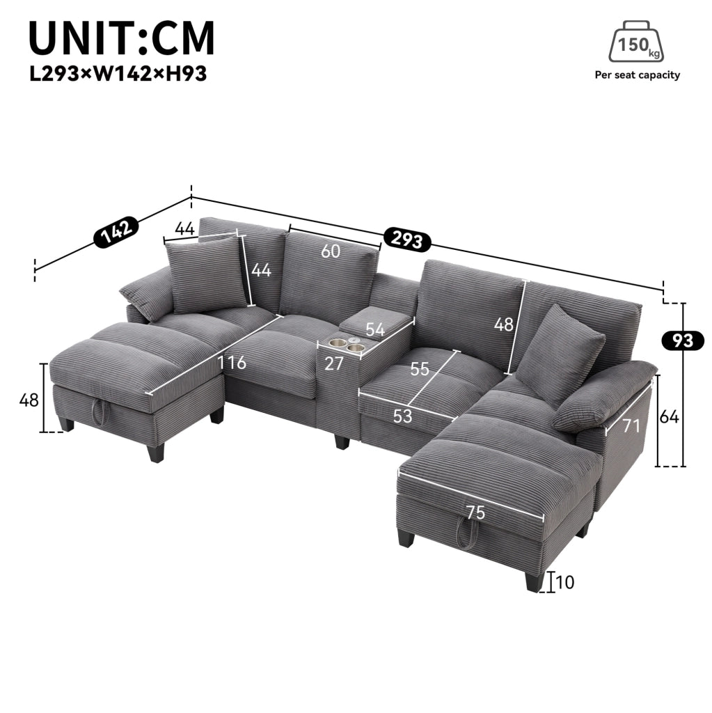 Divano modulare a U 4-5 posti 293x142x93 cm in velluto a coste grigio con contenitore; USB e portabicchieri HOMVRA