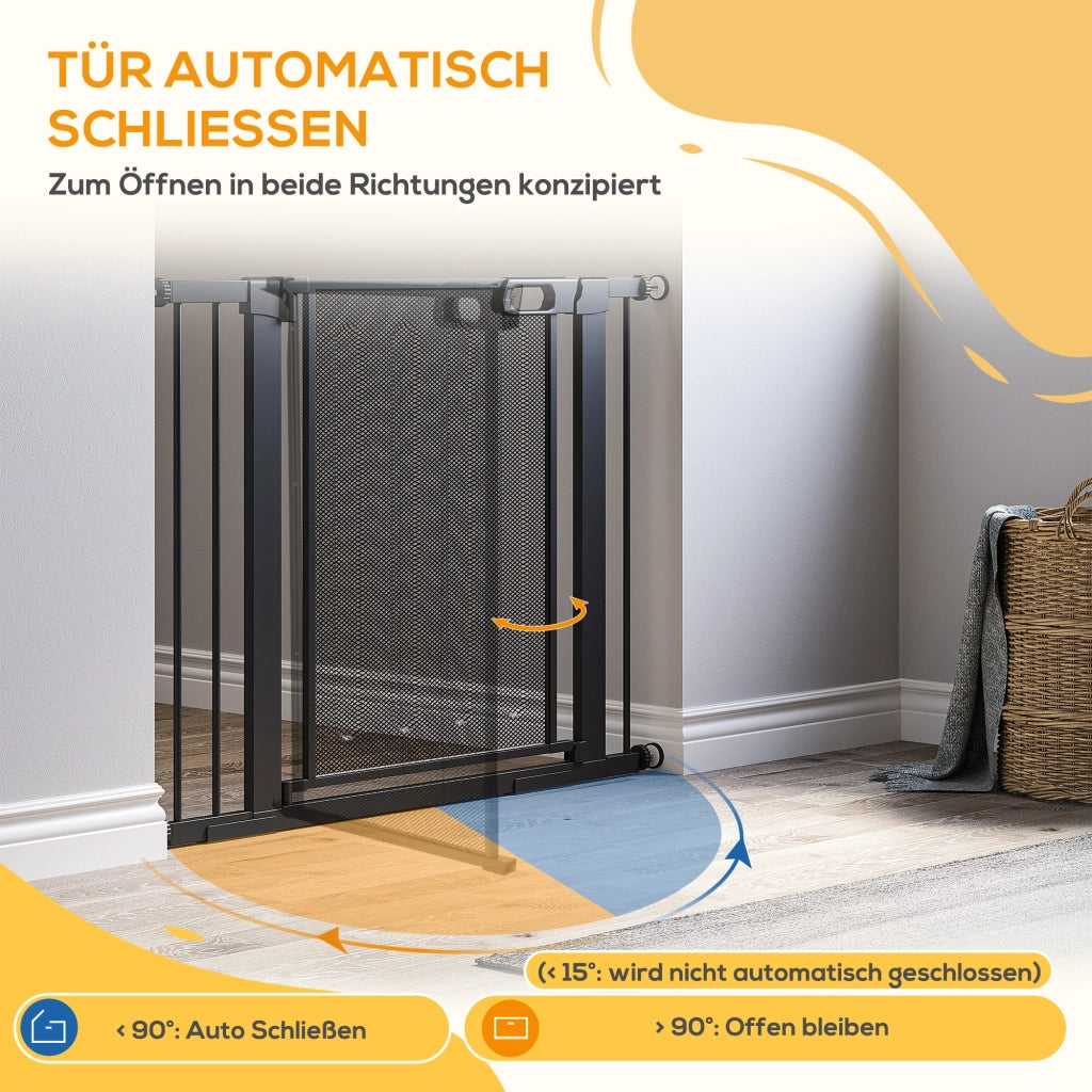 Cancelletto di sicurezza per cani in acciaio nero larghezza regolabile 75-103 cm con chiusura automatica bidirezionale
