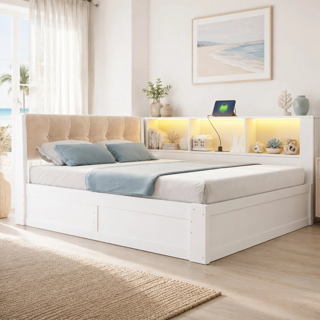 Letto daybed 140x200 cm con contenitore idraulico; LED dimmerabile e porta USB bianco HOMVRA