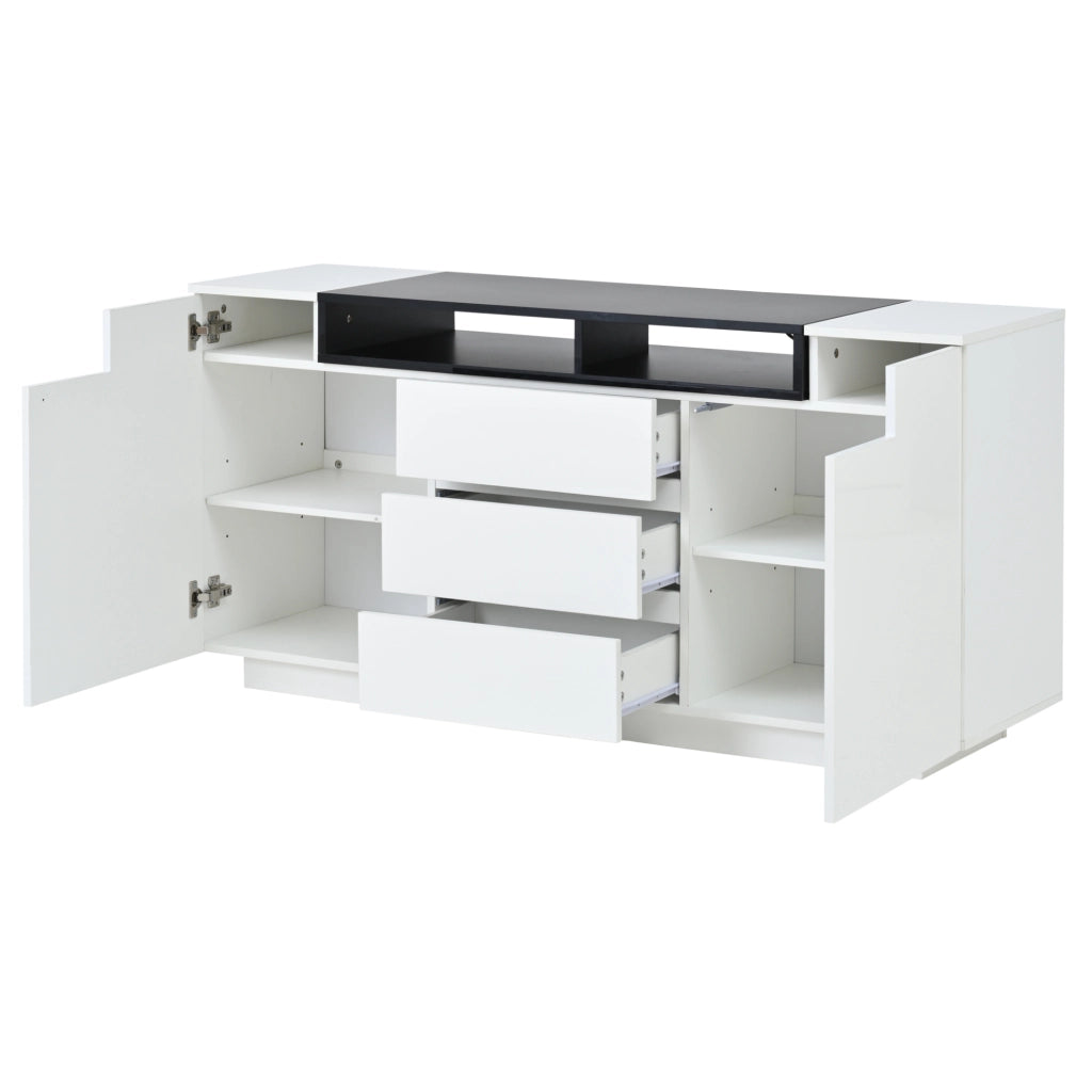 Sideboard 140x40x68 cm con 2 ante a L, 3 cassetti e illuminazione LED, bianco e nero