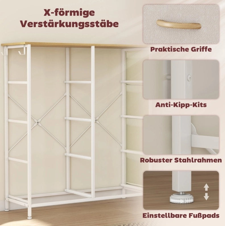 Comò con 8 cassetti in tessuto, struttura in acciaio e 4 tasche laterali beige, 86x30x94,5 cm