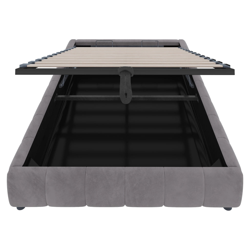 Letto contenitore 140 × 200 cm con sollevamento idraulico LED bianco struttura in velluto grigio