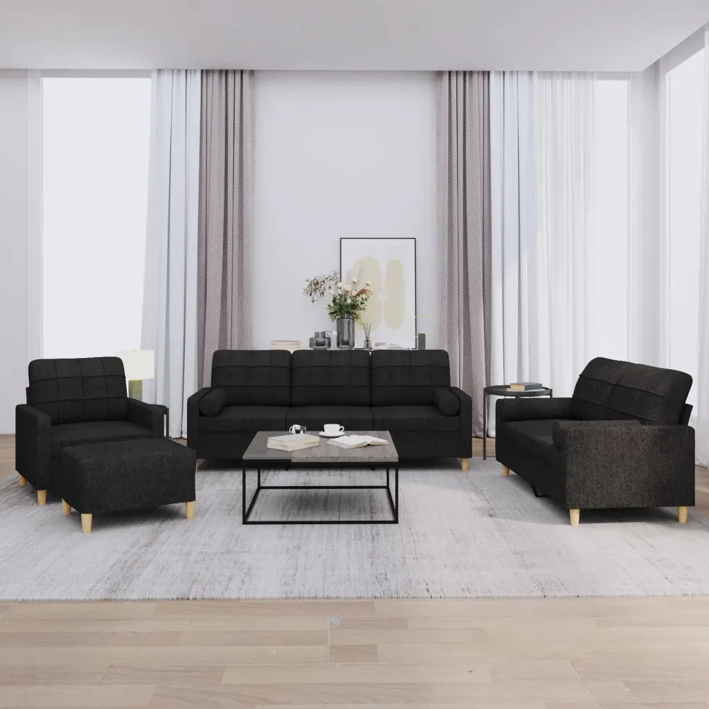 Set Divani 4 pz con Cuscini Nero in Tessuto