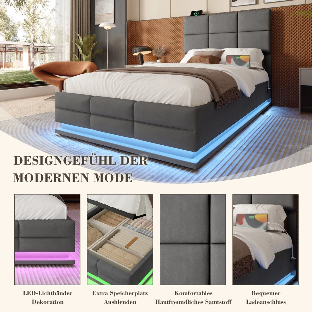 Letto contenitore 90 × 200 cm singolo con LED regolabile, USB e testiera regolabile, senza materasso, velluto grigio