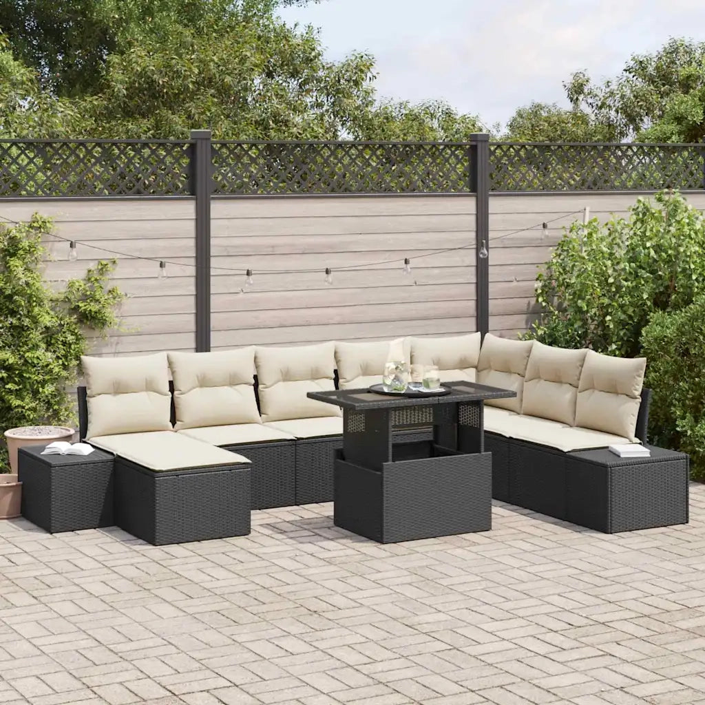 Set Divano da Giardino 9 pcs Nero e Crema polyrattan