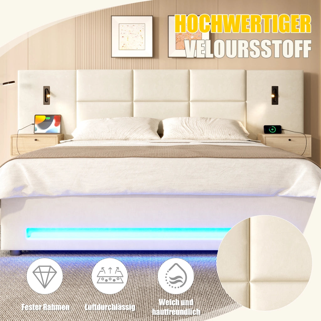 Letto contenitore 160 × 200 cm con testiera imbottita in velluto beige LED USB-C e vano idraulico