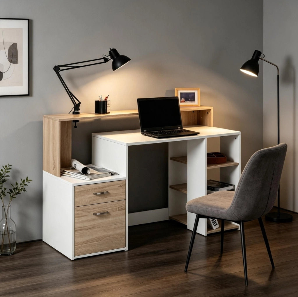 Scrivania compatta con cassetti e ripiani aperti in MDF e alluminio, 137x55x92 cm, ideale per studio e lavoro