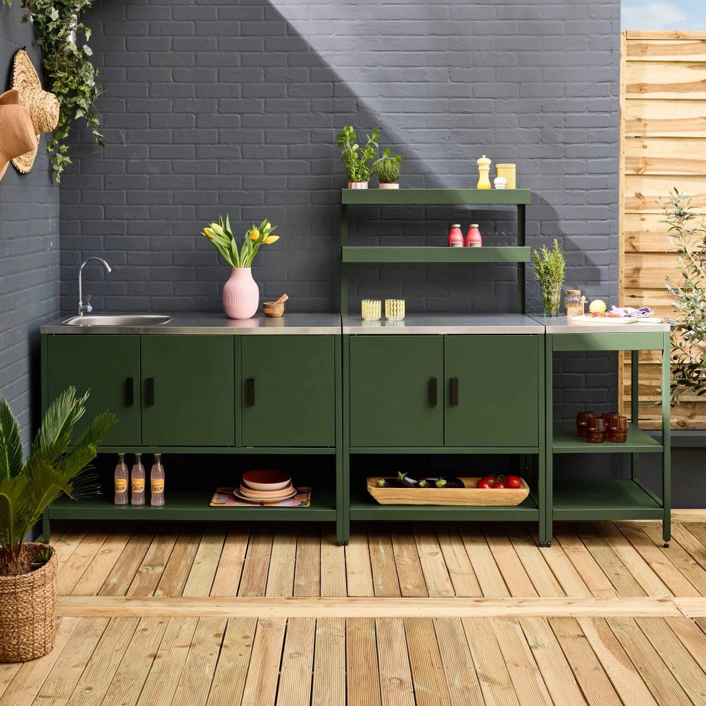 Cucina da esterno, 3 moduli in acciaio inox, verde